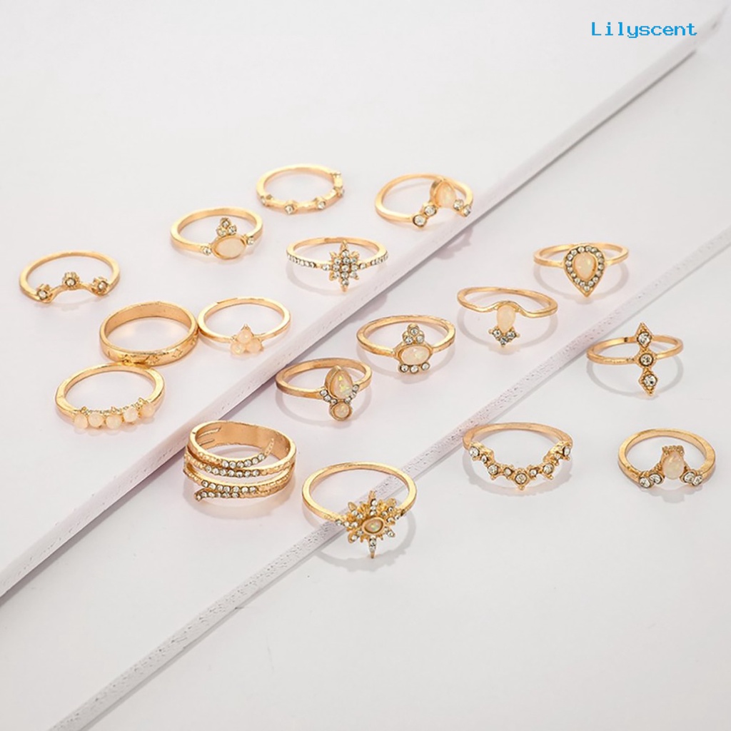 17pcs / Set Cincin Jari Permata Berlian Imitasi Gaya Bohemian Untuk Wanita