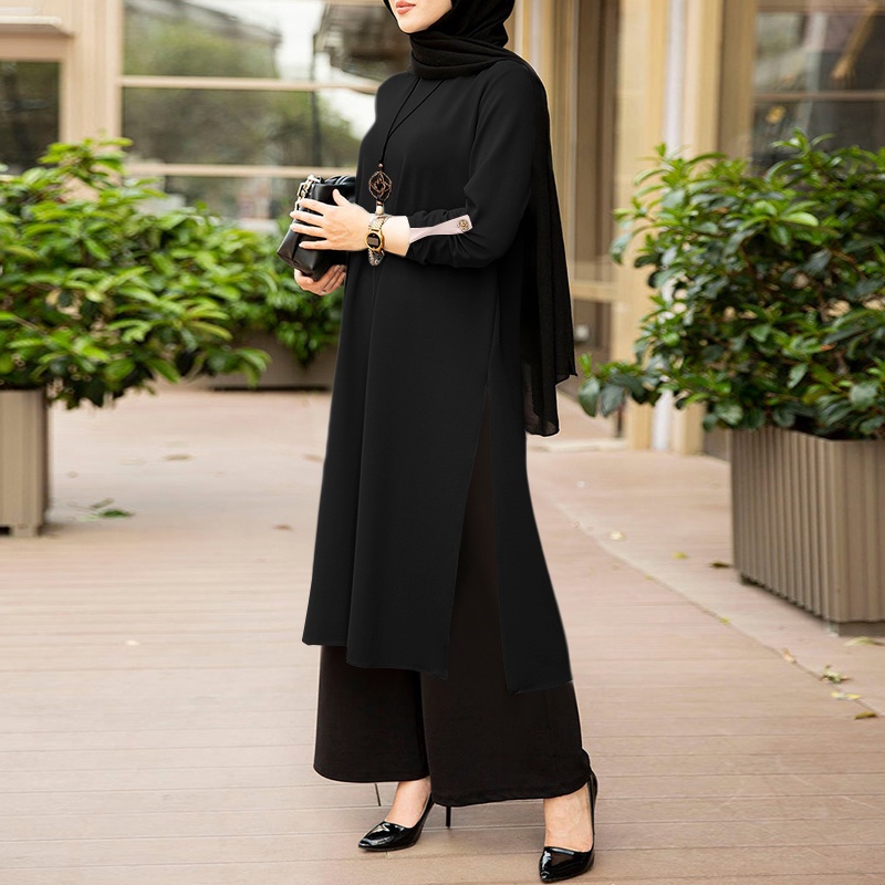 ZANZEA Women Casual Solid O Neck Long Sleeve Button Cuffs Split Hem Muslim Maxi Dress