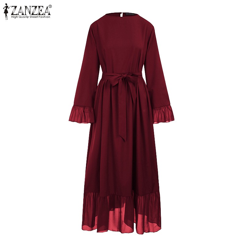 ZANZEA Women Flare Sleeve Retro Casual Plus Size Muslim Long Dress