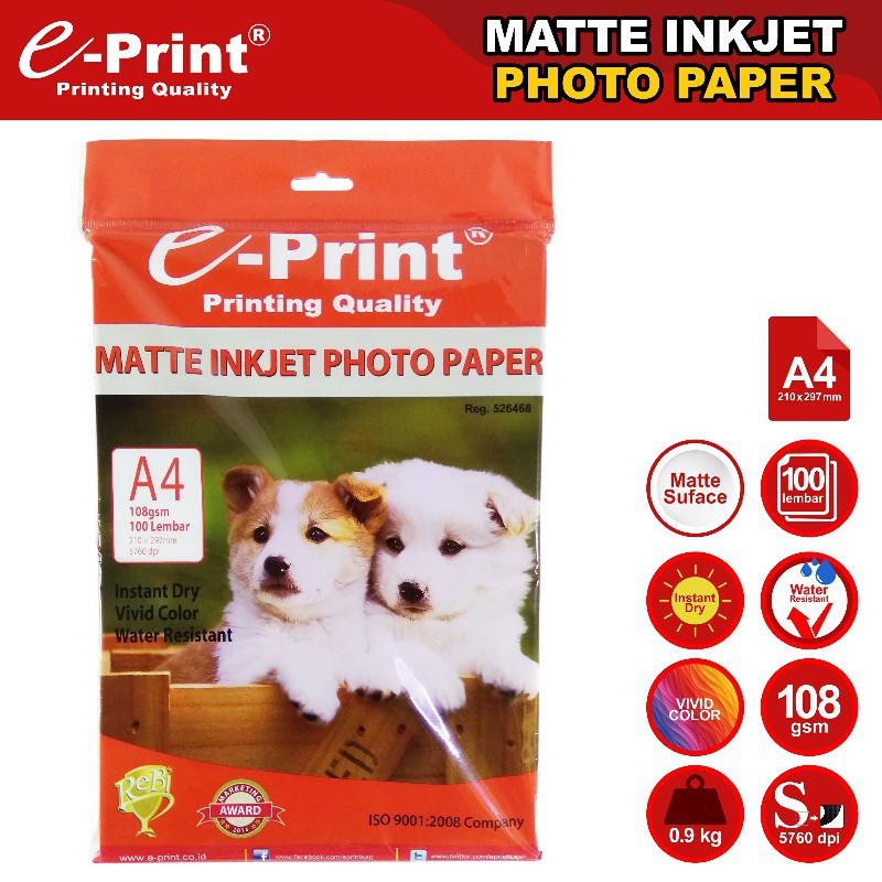

[PAK] KERTAS FOTO / PHOTO PAPER E-PRINT A4 108 GSM MATTE INKJET*