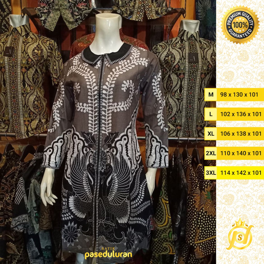 Tunik Wanita Batik Atasan Premium Motif Parang Merak Warna Hitam Putih Resleting Panjang Terbaru