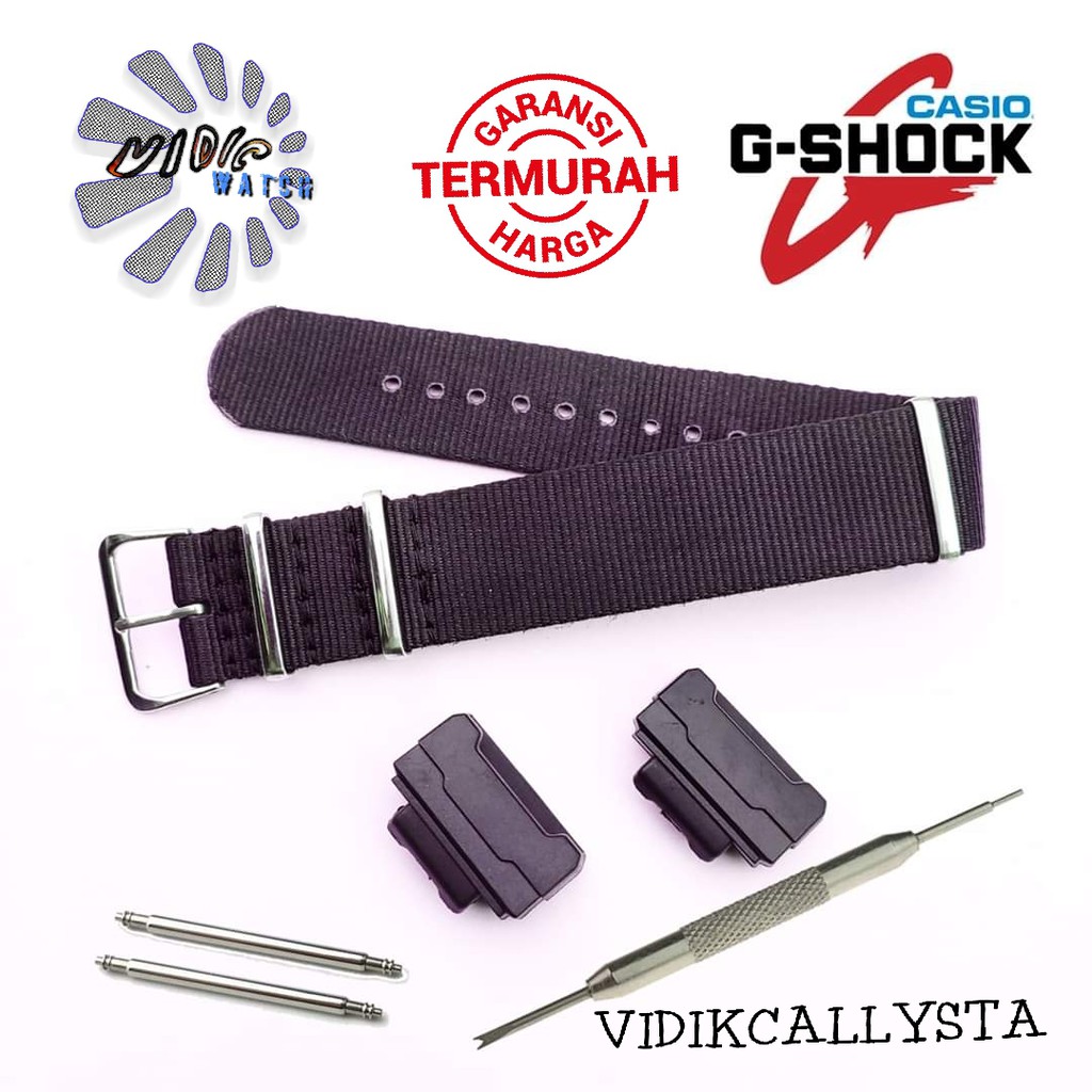 Tali Jam Tangan G-Shock Canvas Hitam Nato Zulu Gshock Kanvas Dengan Adapter Adaptor Hitam Silver