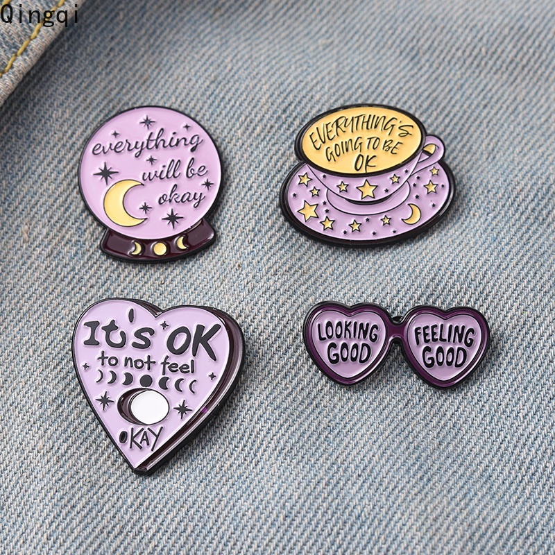 Bros Pin Enamel Bentuk Cangkir Kopi / Hati / Kacamata / Kutipan Inspirasional
