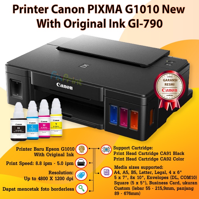 Printer Inkjet Canon PIXMA G1020 / G1010 InkTank system New Original Resmi Penerus G1000 Ink Tank GI-790 790 Infus Pabrik Print Foto Photo Warna