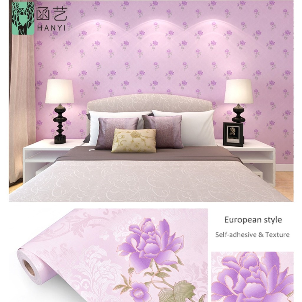 WALLPAPER DINDING MOTIF BUNGA ROSE UNGU 10M X 45CM