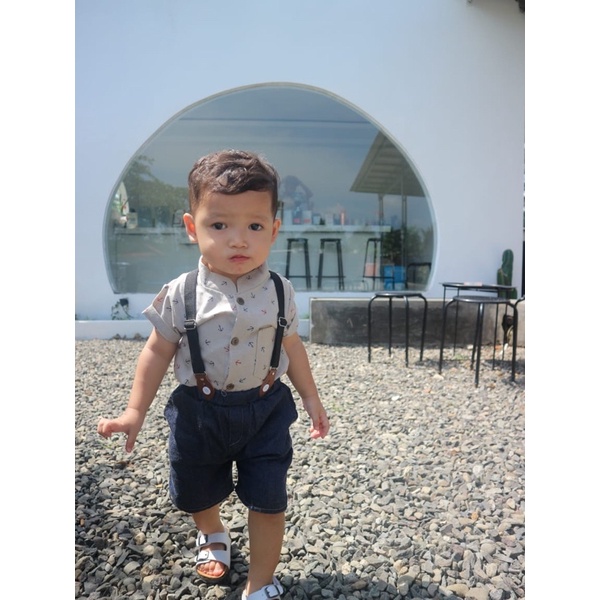 setelan kemeja anak celana chino lengan pendek ANCHOR CHECKER shirt suspender set 1-3 tahun anak laki laki baby balita cowok baju pergi adem