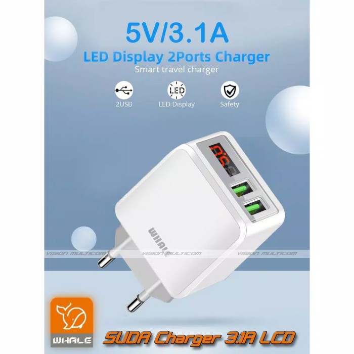 Adaptor Charger HP 2 Lubang USB 3.1A LCD Display Volt Meter Whale SUDA