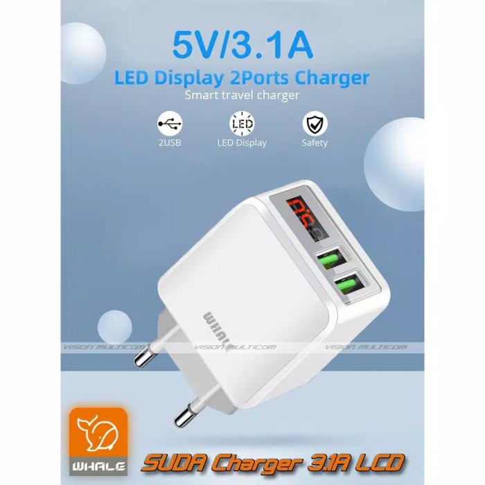 Adaptor Charger HP 2 Lubang USB 3.1A LCD Display Volt Meter Whale SUDA