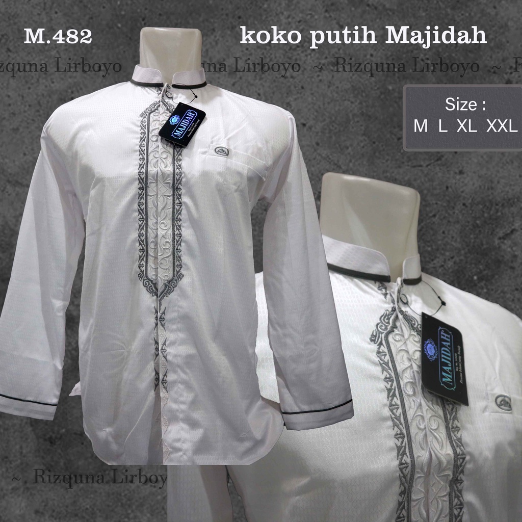 baju koko putih lengan panjang majidah m.482 atasan muslim pria putih polos bordir