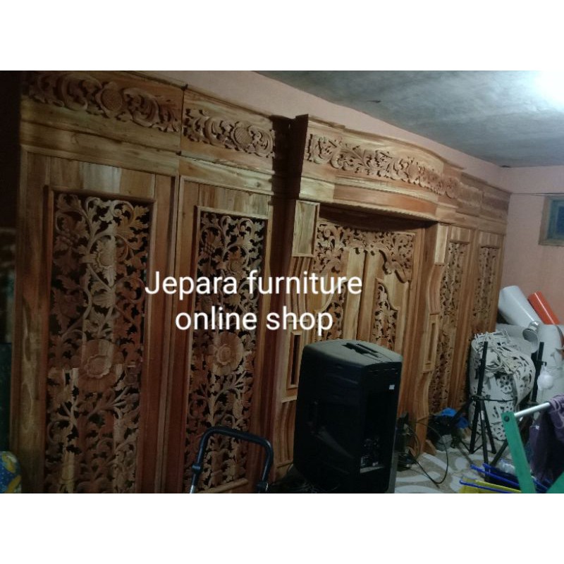 gebyok pelaminan minimalis dan gunungan wayang ukir
