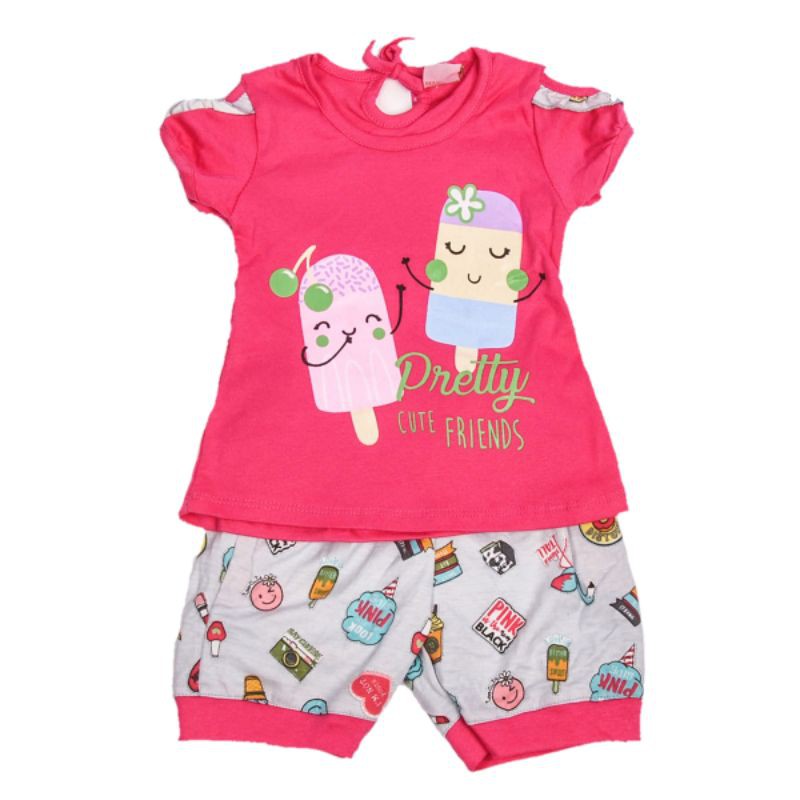 SETELAN FASHION BAJU KAOS ANAK PEREMPUAN MOTIF ICE CREAM 1-2 TAHUN WARNA PINK FANTA BIRU