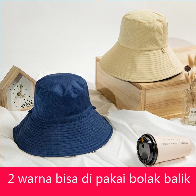 Topi Pantai Wanita Bolak Balik Topi Matahari Musim Panas Topi Ember Dilipat Anti UV