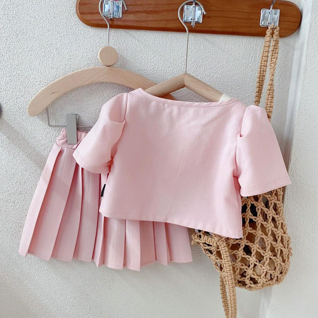 Setelan Anak Perempuan Korean Style Pink Saku Pita+Rok Lipit