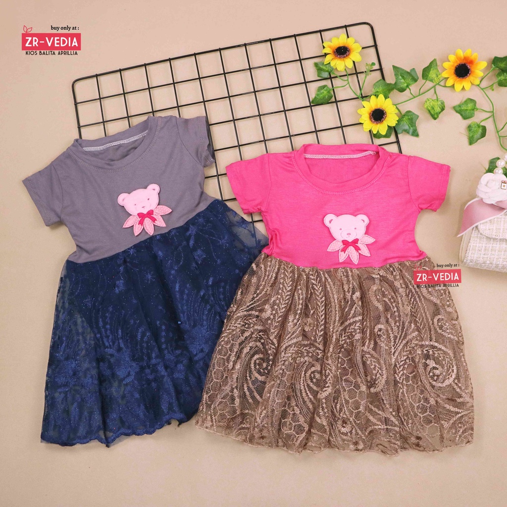 Dress Tsana uk 1-3 Tahun / Gaun Brukat Pesta Cewek Dres Brokat Anak Perempuan Lengan Pendek Import Premium