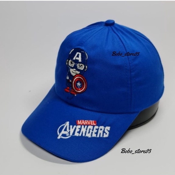 Bobo_store03 Topi Baseball Anak laki laki perempuan Karakter Superhero spiderman Tayo Boboboy hellokitty lol Usia 2 Sampai 8 Tahun Kualitas Terbaik-avengers biru