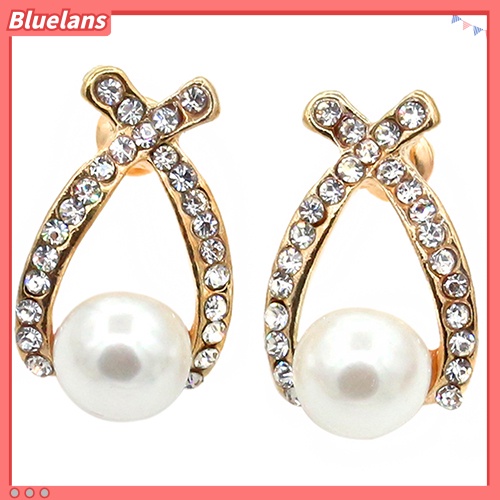 Bluelans Anting Tusuk Wanita Desain Salib Hias Mutiara + Berlian Imitasi Untuk Pernikahan / Hadiah