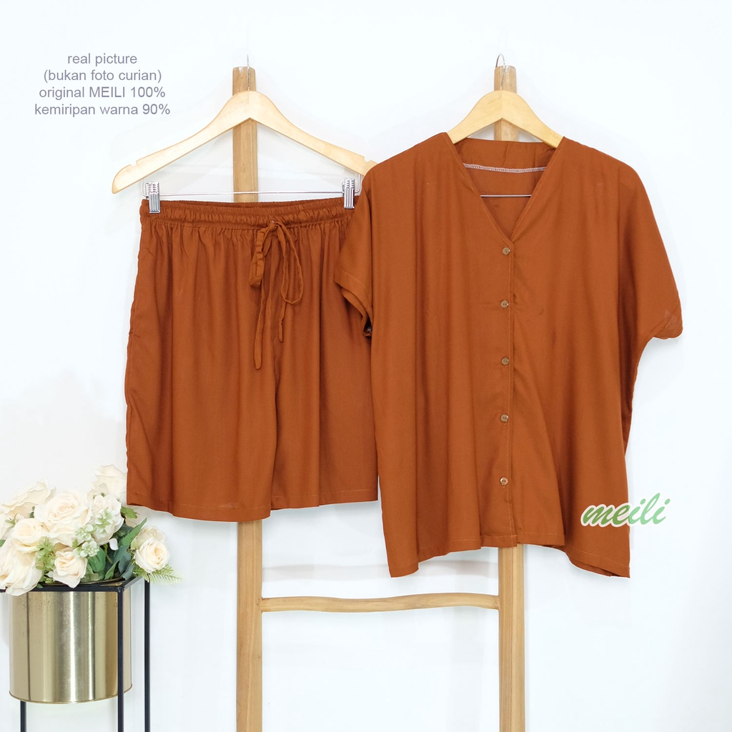 BIGSIZE | XXL 5L LD 120 140 Gemoy Oneset Rayon Polos Aneka Warna Setelan Piyama Jumbo Celana Pendek Sleep Wear Original Meili-Hazelnut