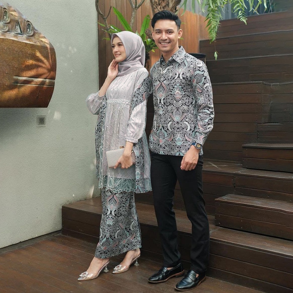 WOU BATIK - Kebaya Batik Couple Kondangan Atika Brokat Tille Sarimbit Modern Kemeja Pria Lengan Panjang Size M,L,XL-2