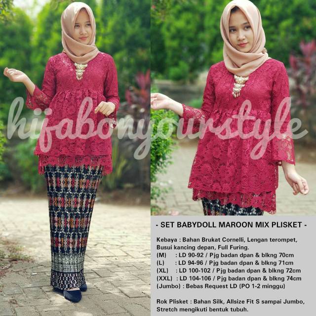 SET KEBAYA BABYDOLL MAROON MIX ROK PLISKET
