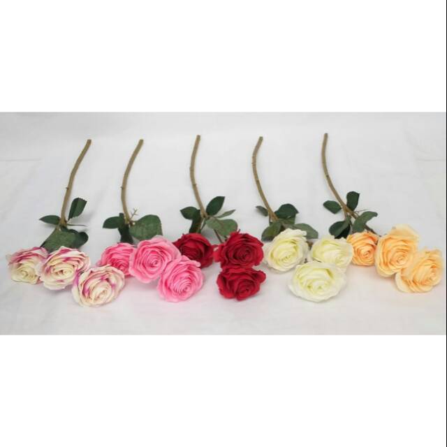 Rose Artificial 3 kuntum / Mawar bahan kain / Bunga Mawar Pertangkai