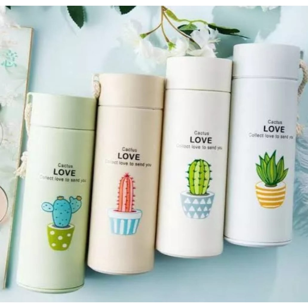 Botol Minum Kaca 450ml Karakter Motif Kaktus Lucu Unik Warna Warni Korea Cantik Free BPA Tahan Panas-Tempat Minuman Bahan Kaca Aesthetic Cover Plastik Thermos Tumbler Air 450 ml Murah Mini