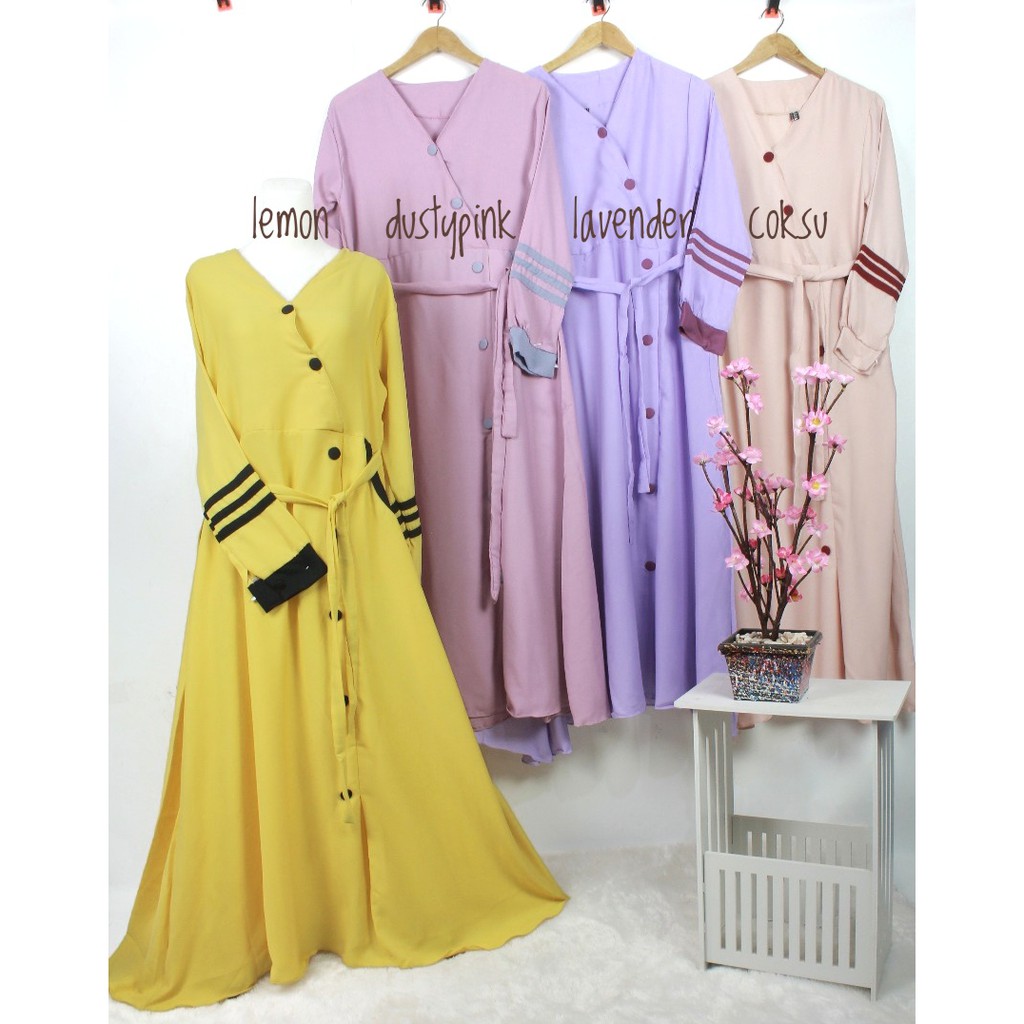 Salsabila dress muslim syari outfit pastel shabby chic update remaja kancing POLOS simple lemon