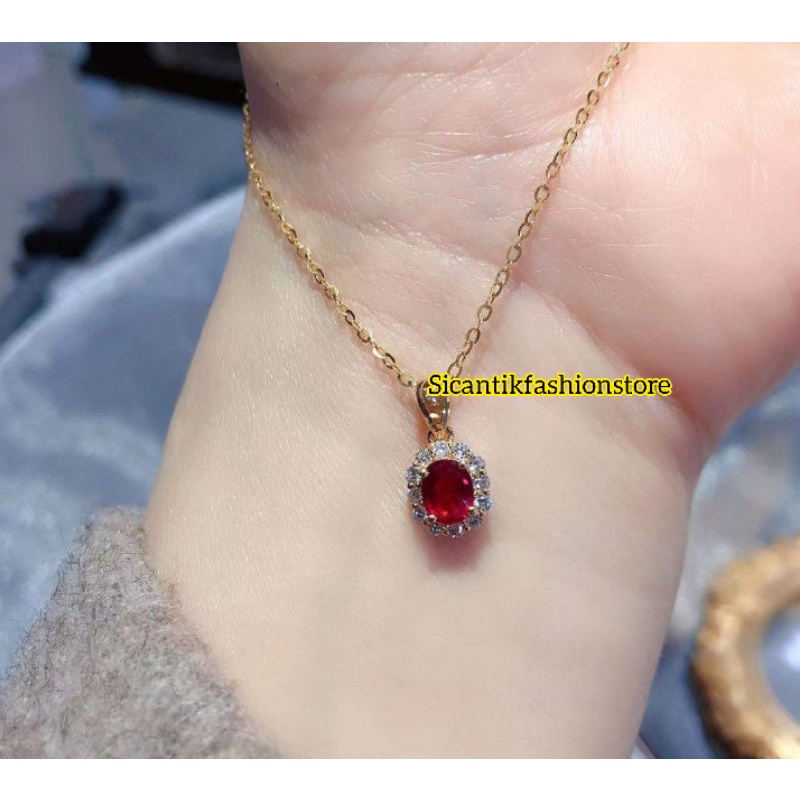 Kalung Titanium Nuri Gold Liontin Permata Kristal Merah Anti Karat selamanya Terlaris Terbaru Kekinian Mewah Kalung Wanita Liontin Pertama Merah