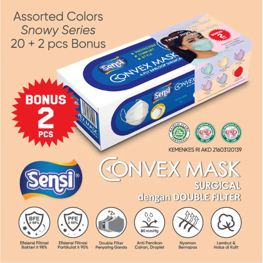 SENSI CONVEX MASK ASSORTED COLORS "SNOWY SERIES" 4ply ISI 22ps
