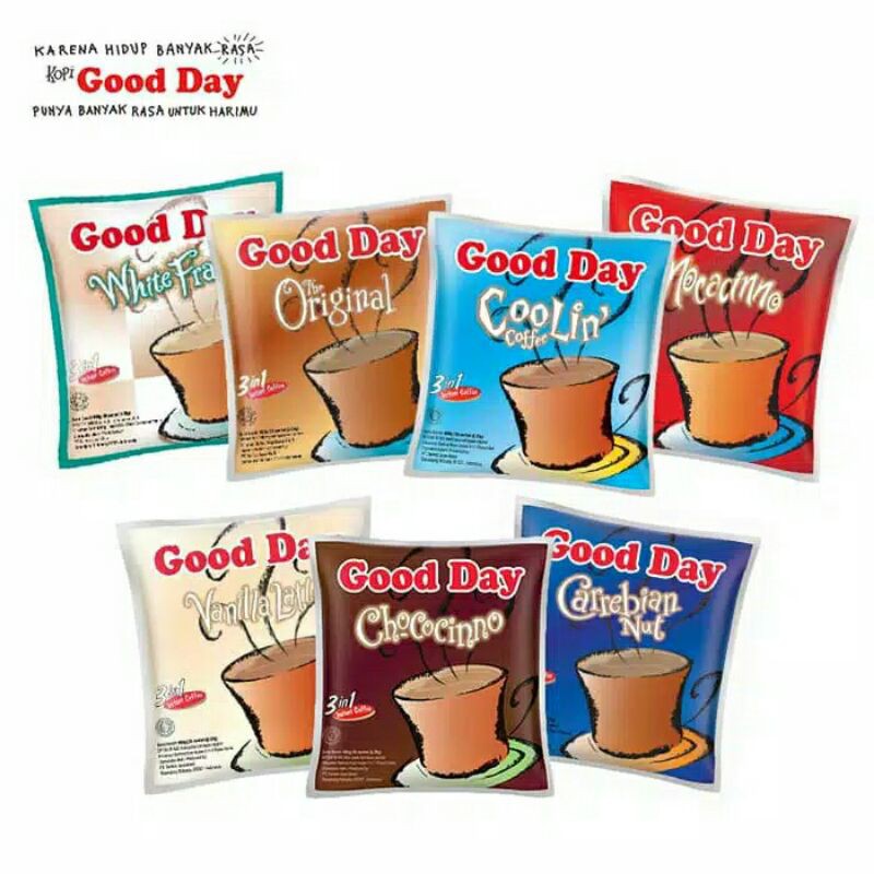 

Good day mocacino, chococino, cool in, carrabian nut, vanila latte, original, 10 saset