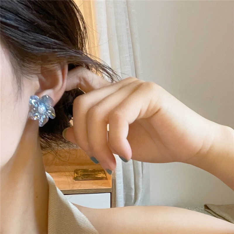 2 silver clear biru muda kristal transparan bunga stud anting-anting lucu peri biru muda musim semi