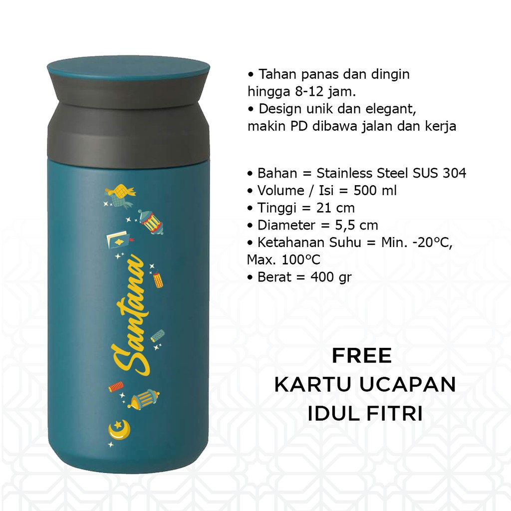 Tumbler Idul Fitri 500ml Travel Kado Hampers Bingkisan Lebaran Botol Minum Termos Kekinian Japanese Style Free Kartu