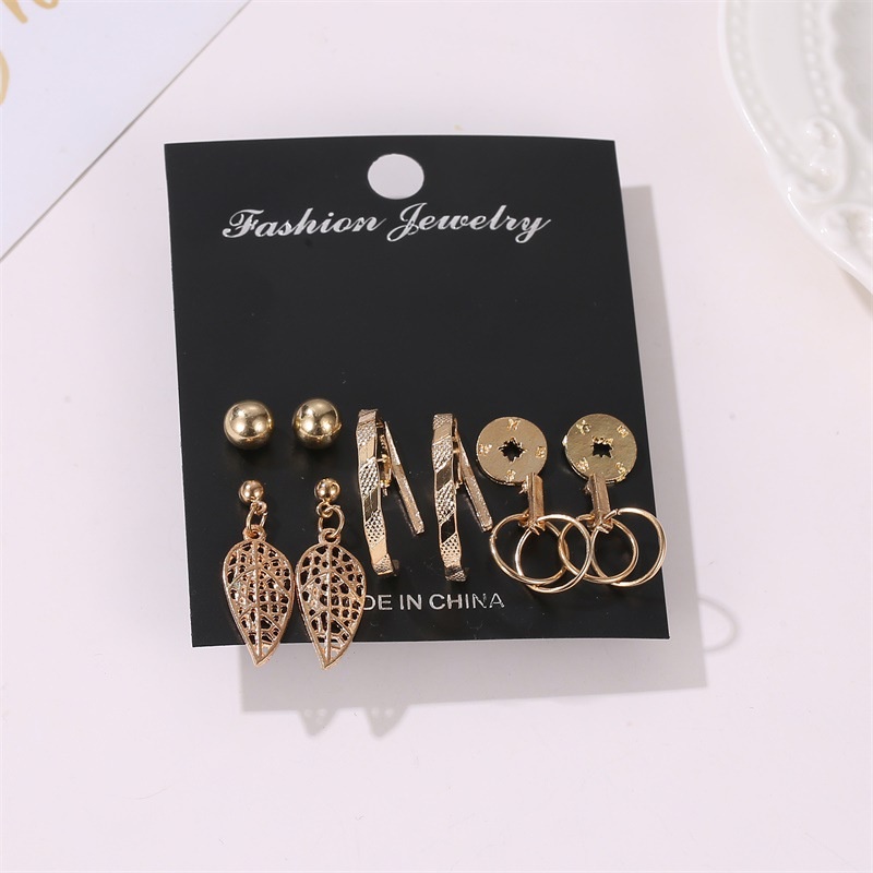 6 Pasang / set Anting Tusuk Gaya retro Eropa / Amerika Bentuk Daun Geometri Aksen hollow Untuk Perhiasan Wanita