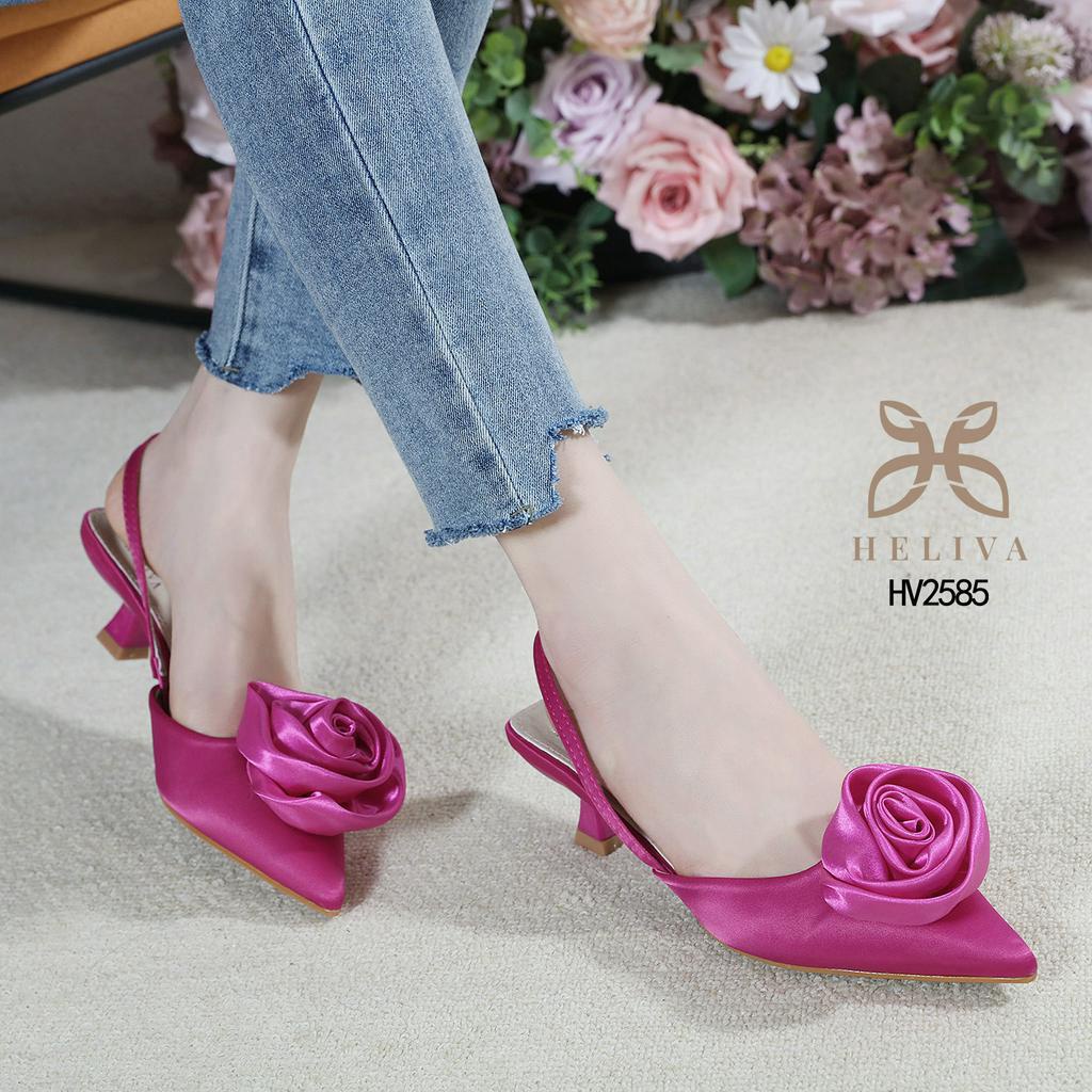 ARIANA HELIVA Sepatu Sling Back Hak Sedang 4,5cm Motif Bunga Mawar Flower Rose Bahan Kulit Satin Halus Sepatu Pesta Ujung Lancip Wedding Nikah Kondangan HV2585 Original Brand