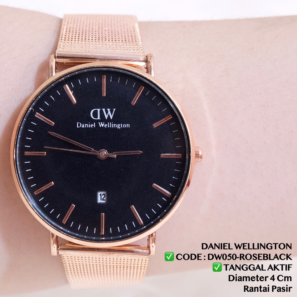 Jam tangan murah pria /  wanita / COUPLE classic rantai pasir DUA JARUM TANGGAL AKTIF DC030-ROSEBLACK TGL 4CM