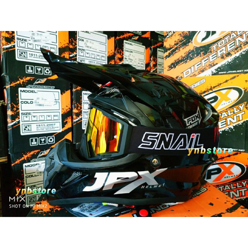HELM JPX CROSS FOX1 POLOS HITAM BLACK METALIK GLOSS + GOOGLE GOGGLE KACAMATA SNAIL Mx36 Mx40 | Jpx C