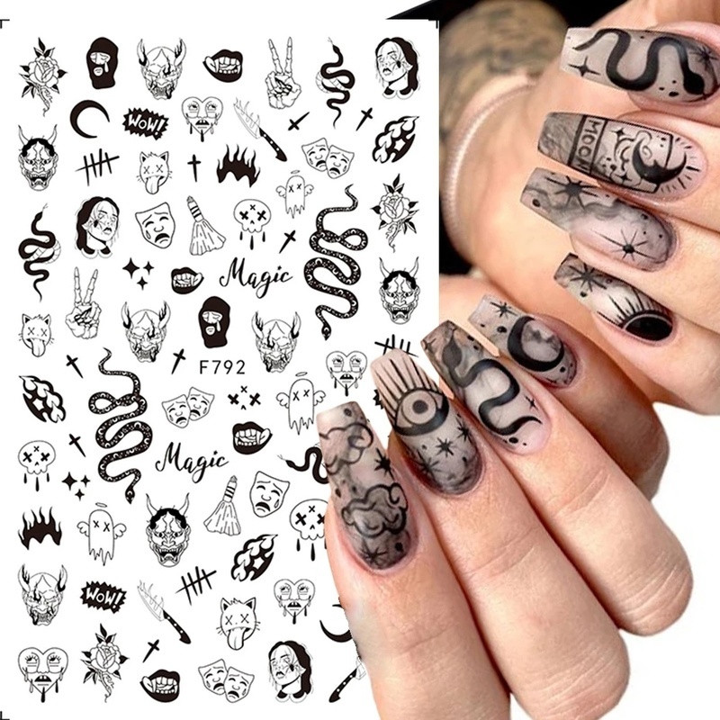 Stiker Kuku Motif Tengkorak / Laba-Laba / Mawar Untuk Dekorasi Nail Art / Pesta Halloween