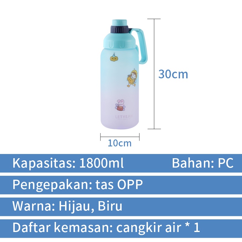 Letyeah &amp; Kaizenliving Botol Air Minum Dengan Sedotan Dan Free Sticker/Viral Botol Anak Sekolah 1800ml