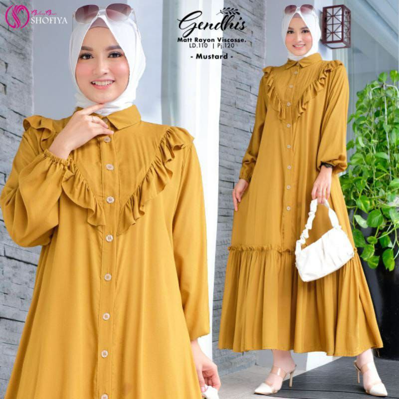 Gamis Terbaru Gendhis Shofiya Rayon Premium Dress Wanita Kerah Peterpan Longdress Rempel Full Kancing LD 115 cm