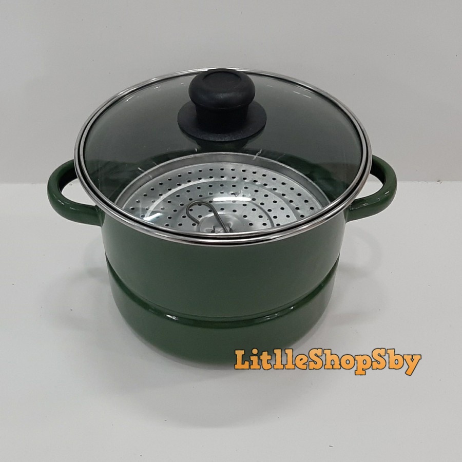 Dandang Kukusan Enamel 20cm Tutup Bahan Kaca Hijau Tua