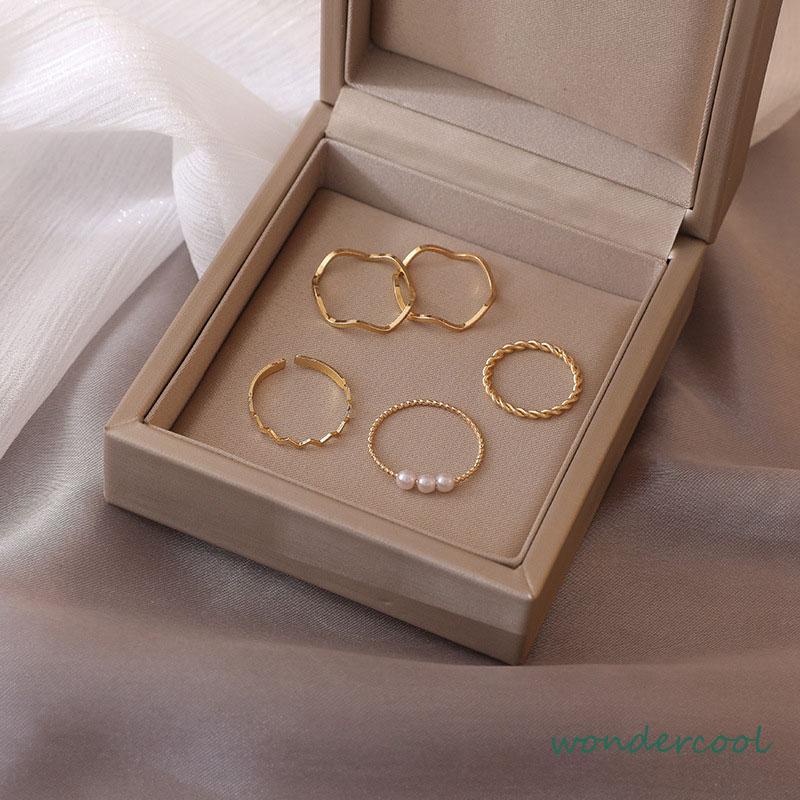 5 pcs Cincin Set Fashion Aksen Berlian Imitasi Mutiara Untuk Wanita-Won