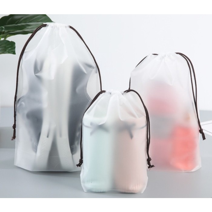 PLASTIK SERUT Polos Anti Air Tas Travel Pouch Bag Transparan Buram - 18 x 25 tali hitam