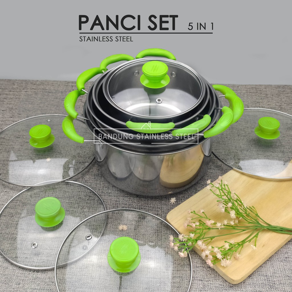 Panci sup soup pot set 5in1 stainless steel tutup kaca cantik pegangan hijau murah serbaguna