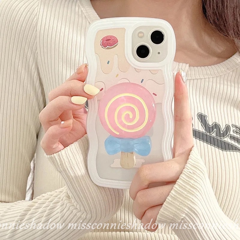 Realme 10 C33 C30 9 9Pro+ C11 8I 8 7 7I C25Y C12 C21Y C25 C35 C15 C25s C20 C20A C3 5s 5 5i 6i Cartoon 3D Lollipop Phone Holder Stand Case Candy Ice Cream Wavy Edge Soft TPU Cover