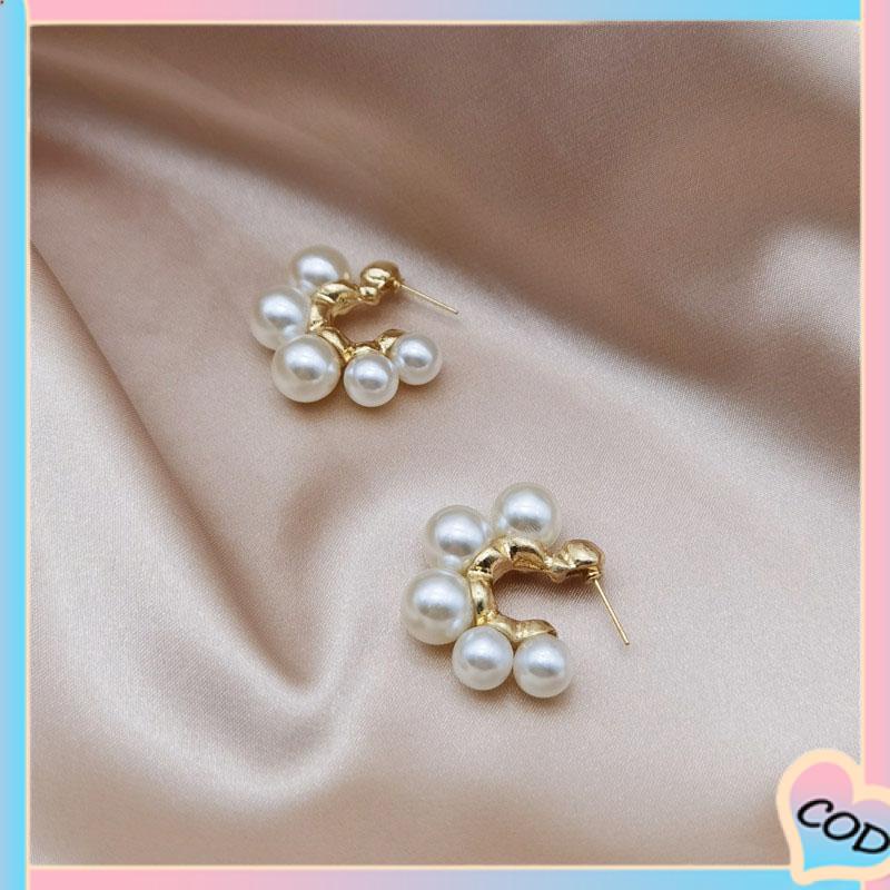 COD❤️ Retro Desain Ceruk Mutiara Besar Berbentuk C Rasa Anting Temperamen Tidak Teratur-A.one