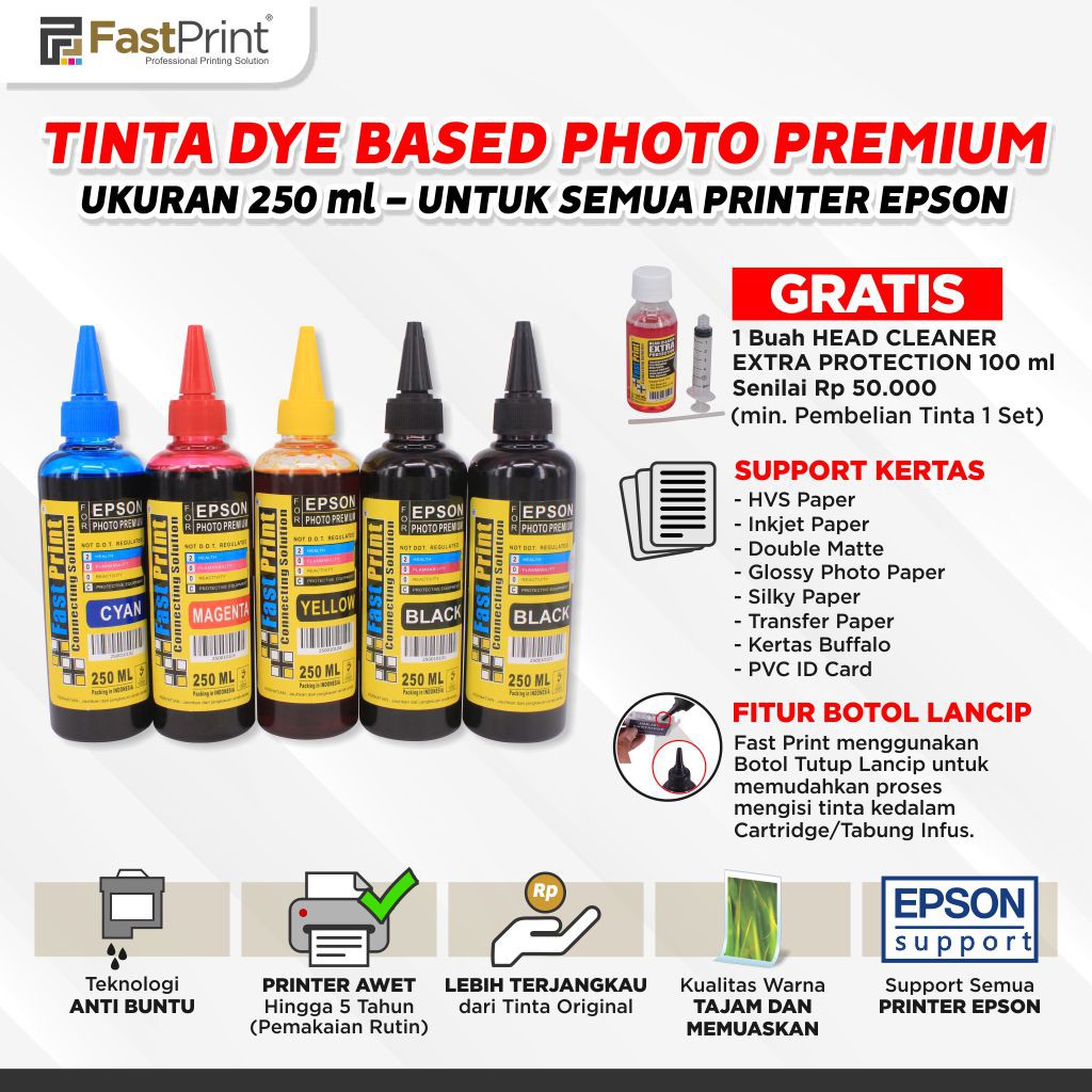 Tinta Dye Based Photo Premium Epson 1 Set - 5 Warna - 250 ML