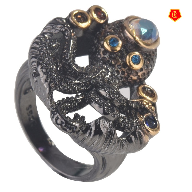 [Ready Stock]Black Gold Squid Ring Creative Octopus Earings Set