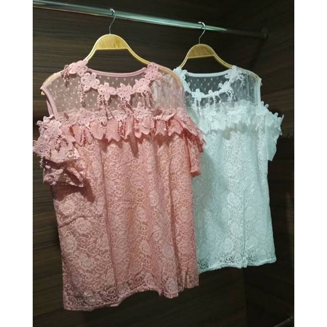 Blouse pink putih lengan pendek lace renda brokrat bunga bangkok