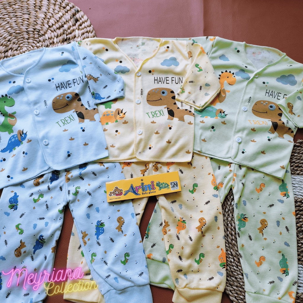 3 Baju Bayi Setelan Lengan Panjang Kancing Depan Bayi Newborn usia 0-3 Bulan Motip Dinosaurus