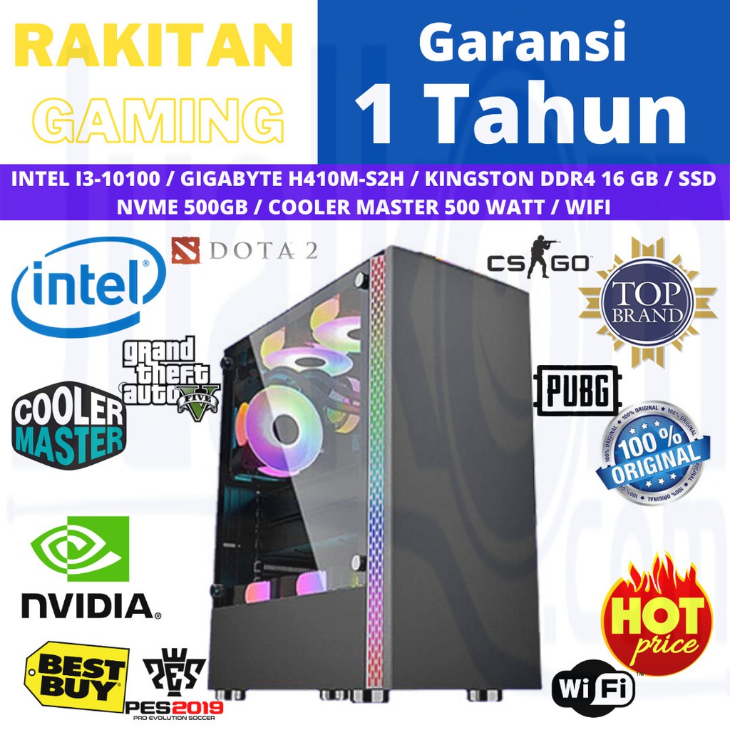 PC Rakitan Gaming Intel Core i3 10100 16GB SSD 500GB NVMe H410M S2H Wifi