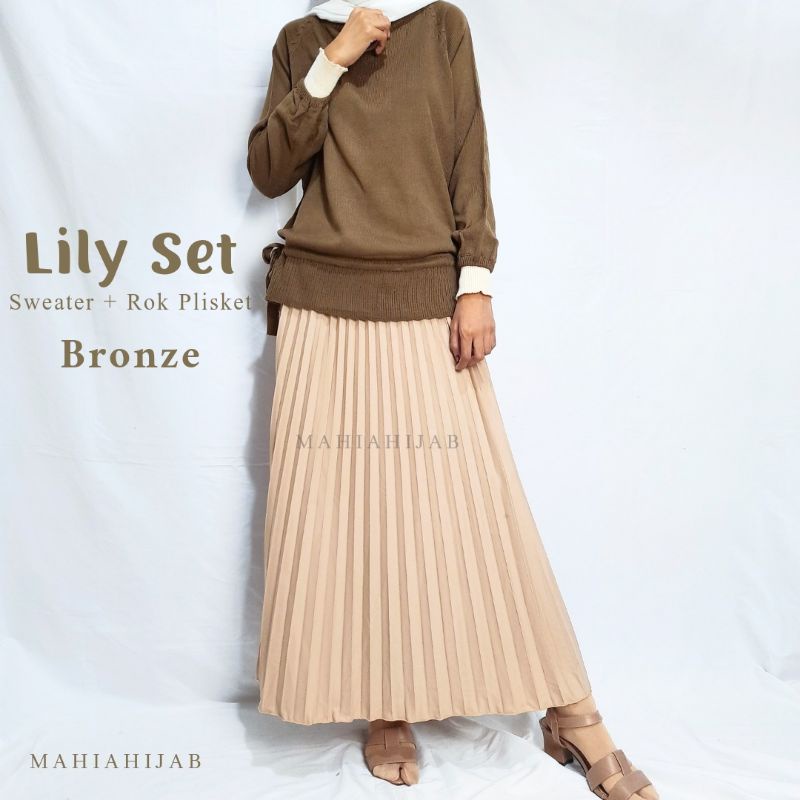 Lily One Set Sweater rajut + Rok Plisket | Setelan wanita rajut premium | Outfit muslim hijab